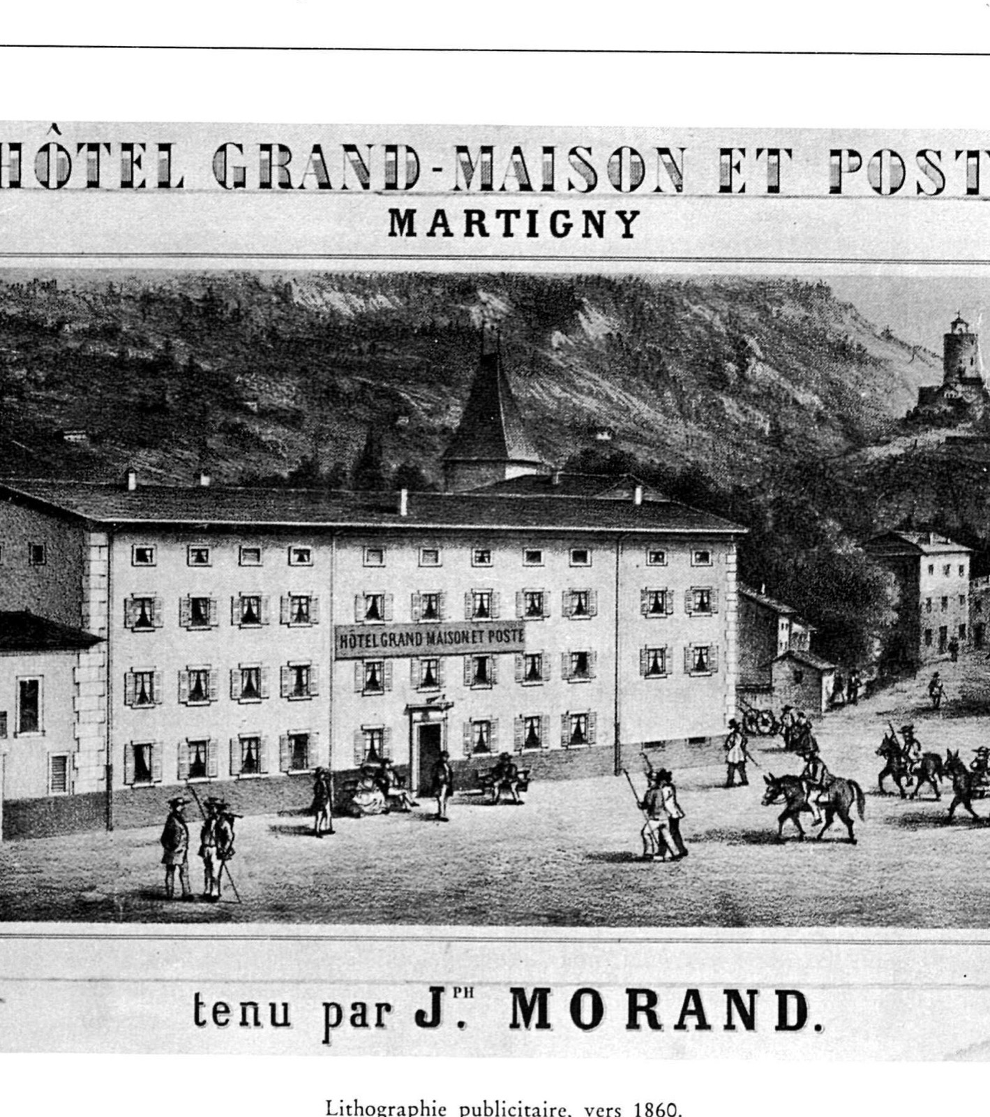 Hôtel Grand-Maison et Poste, lithographie publicitaire vers 1860.